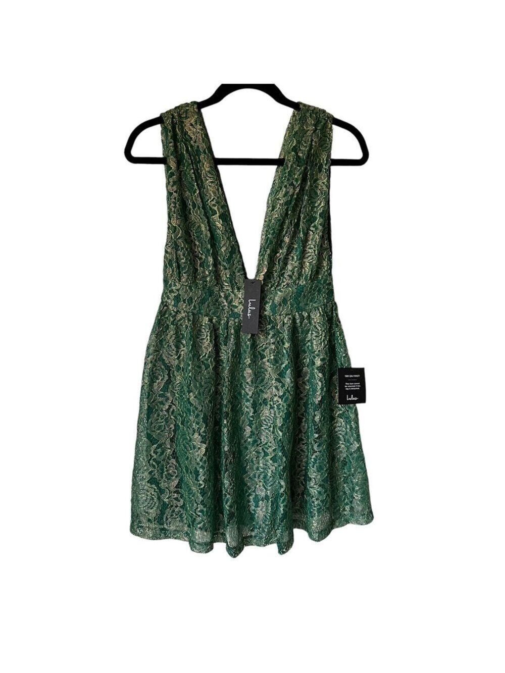 Lulus Tawny Green Metallic Skater Dress Floral Lace Deep V-Neck Size Small NWT - Picture 5 of 14
